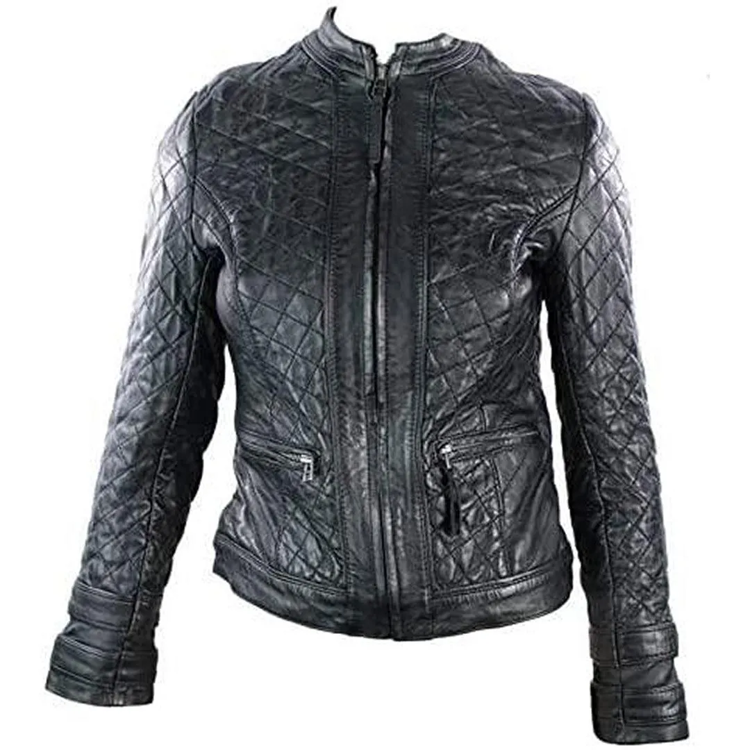 Ladies Real Leather Jacket Short Fitted Barber Style Black Retro Chinese Collar