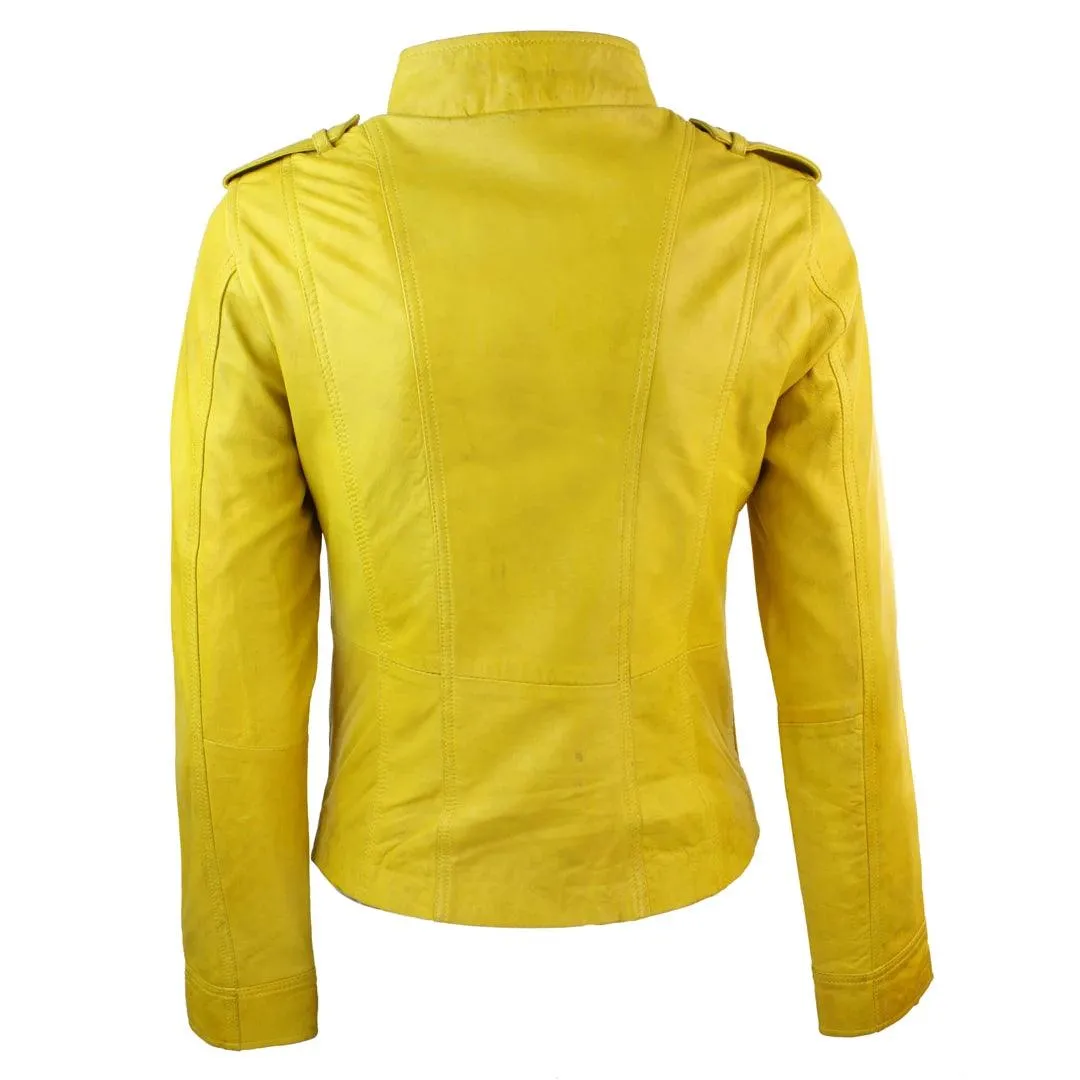 Ladies Women Genuine Real Leather Slim Fit Yellow Green Pink Biker Jacket