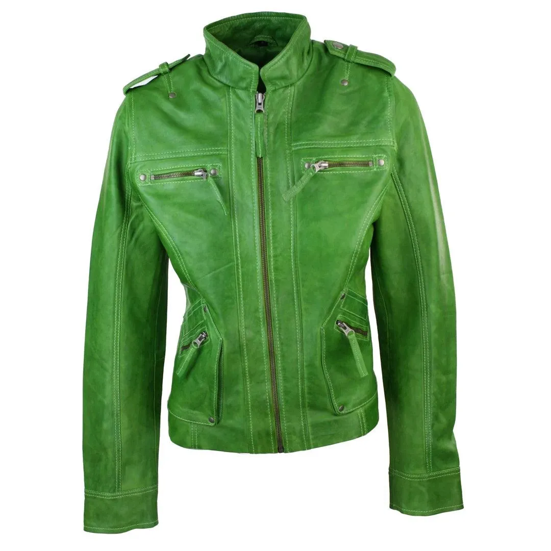 Ladies Women Genuine Real Leather Slim Fit Yellow Green Pink Biker Jacket