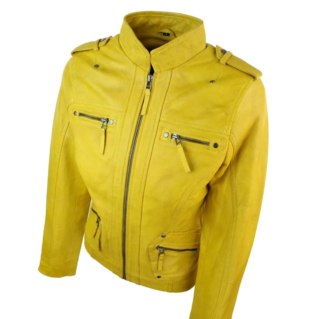 Ladies Women Genuine Real Leather Slim Fit Yellow Green Pink Biker Jacket