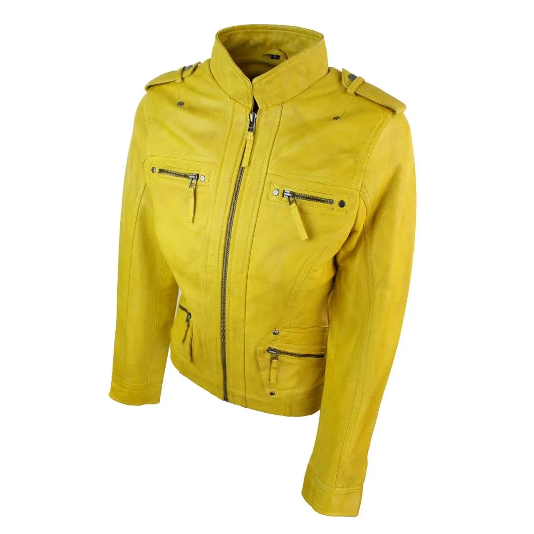 Ladies Women Genuine Real Leather Slim Fit Yellow Green Pink Biker Jacket