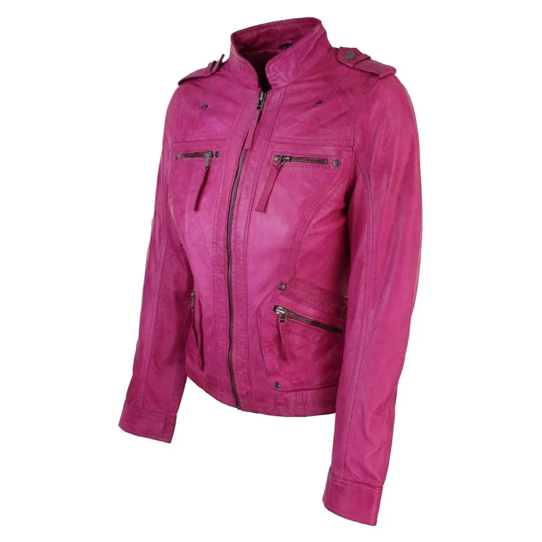 Ladies Women Genuine Real Leather Slim Fit Yellow Green Pink Biker Jacket