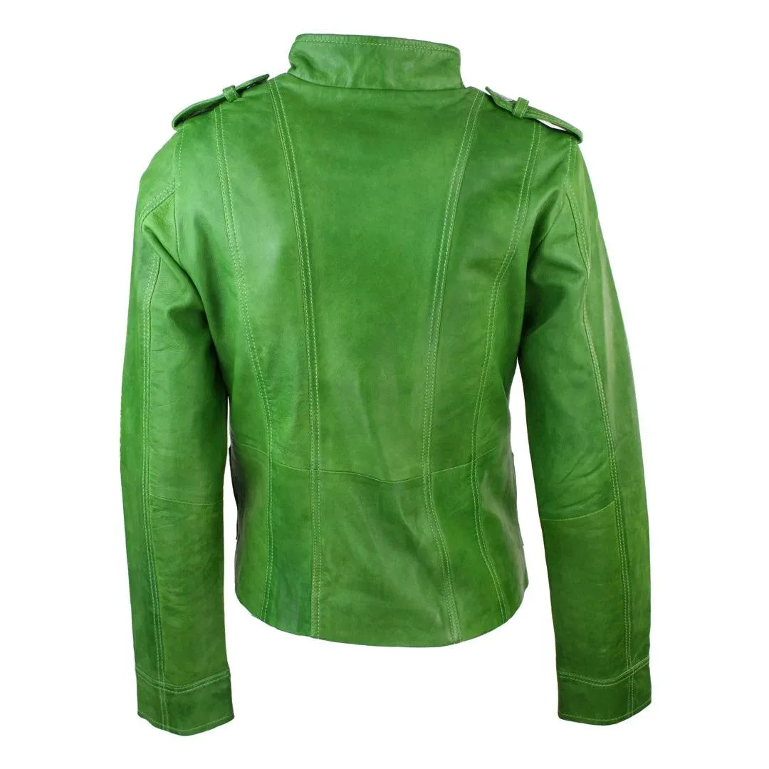 Ladies Women Genuine Real Leather Slim Fit Yellow Green Pink Biker Jacket