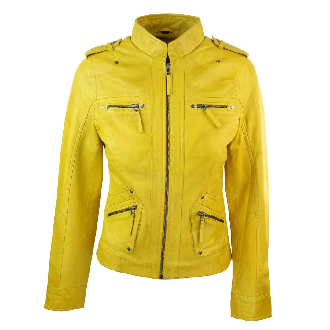 Ladies Women Genuine Real Leather Slim Fit Yellow Green Pink Biker Jacket