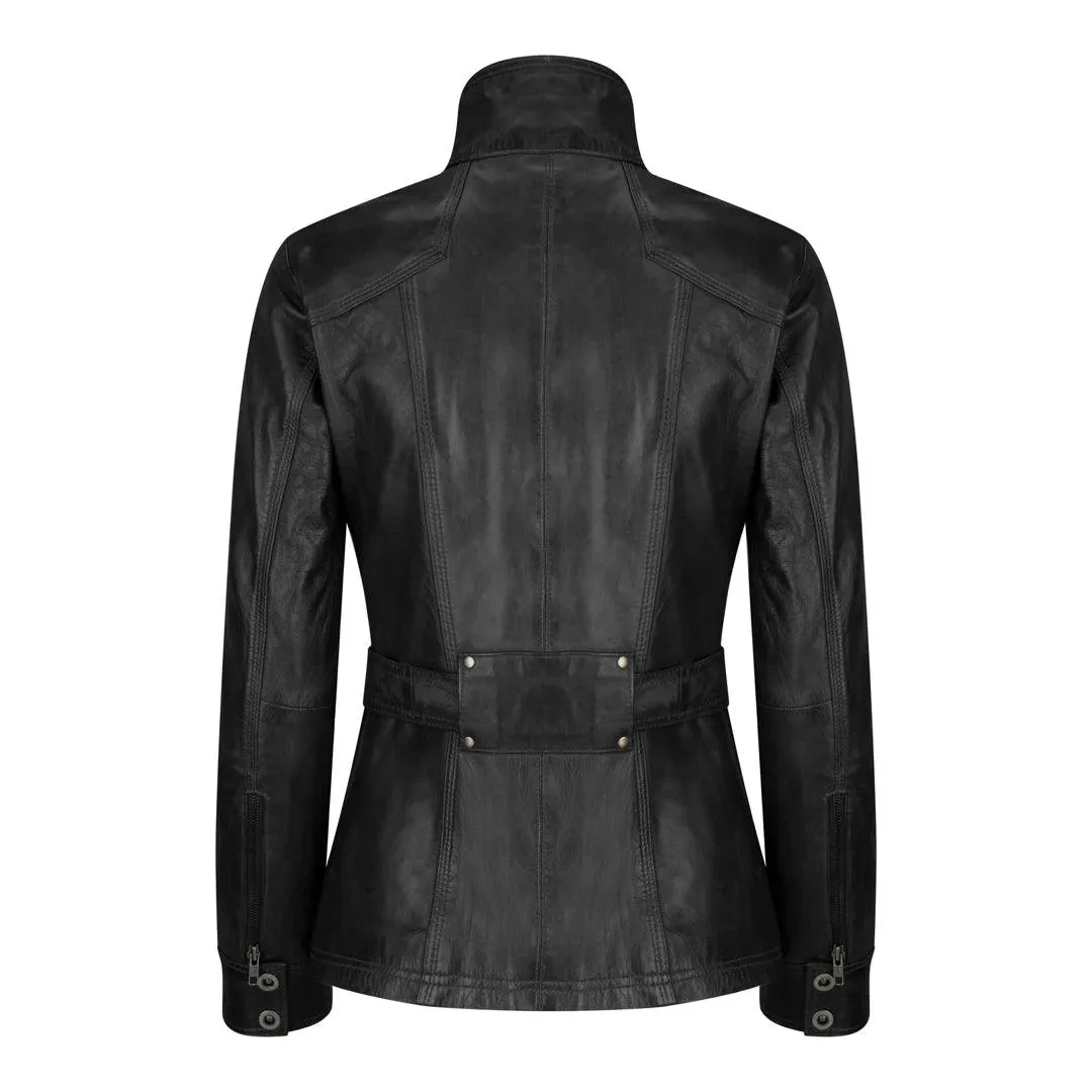 Ladies Women Real Leather Military Chinese Collar Slim Fit Black Jacket