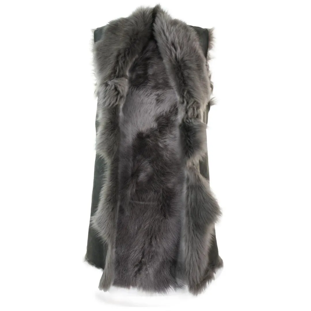 Ladies Women Real Spanish Toscana Shearling Sheepskin Grey Leather Waistcoat Gillet