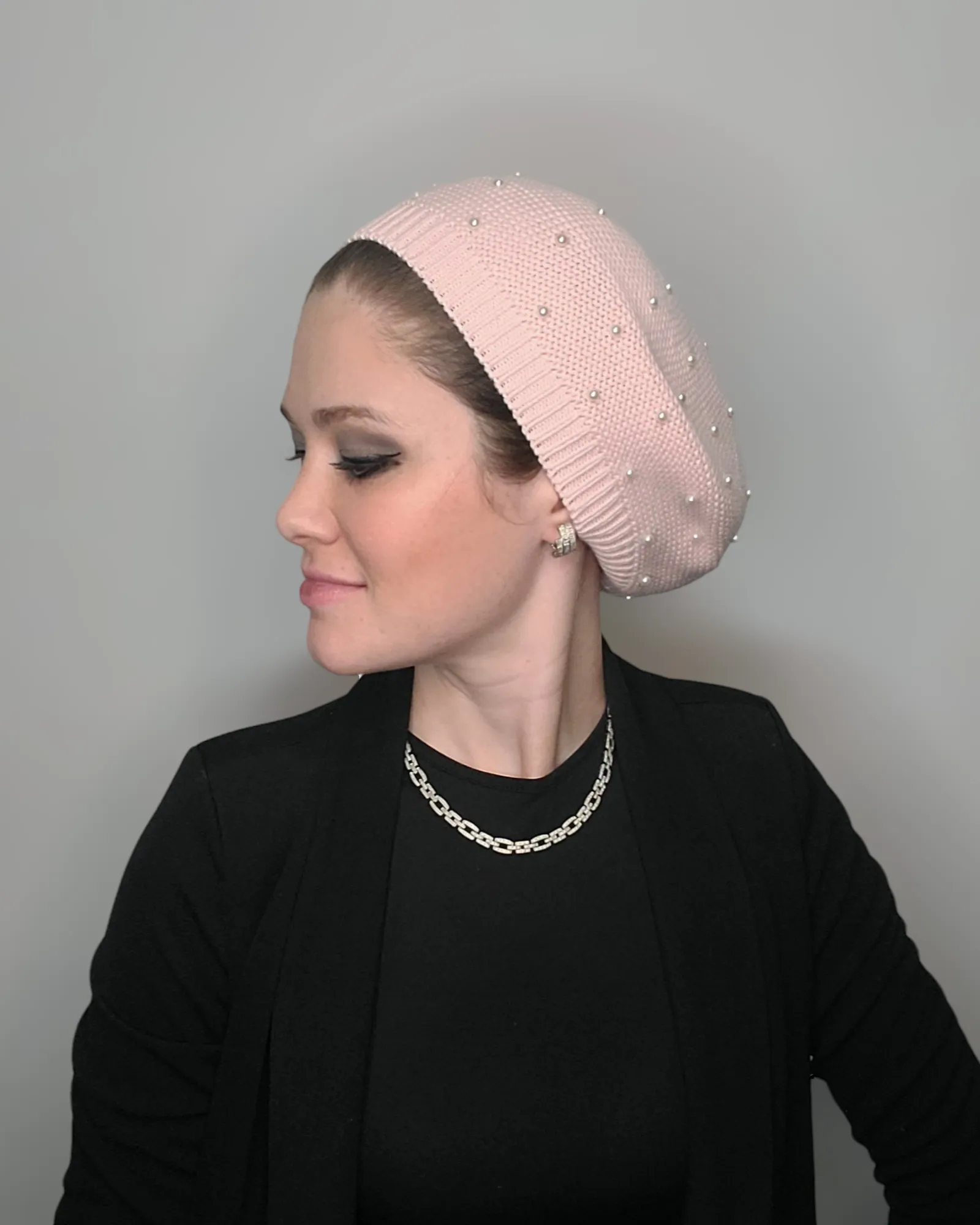 Large Size Cotton Beret with Pearls