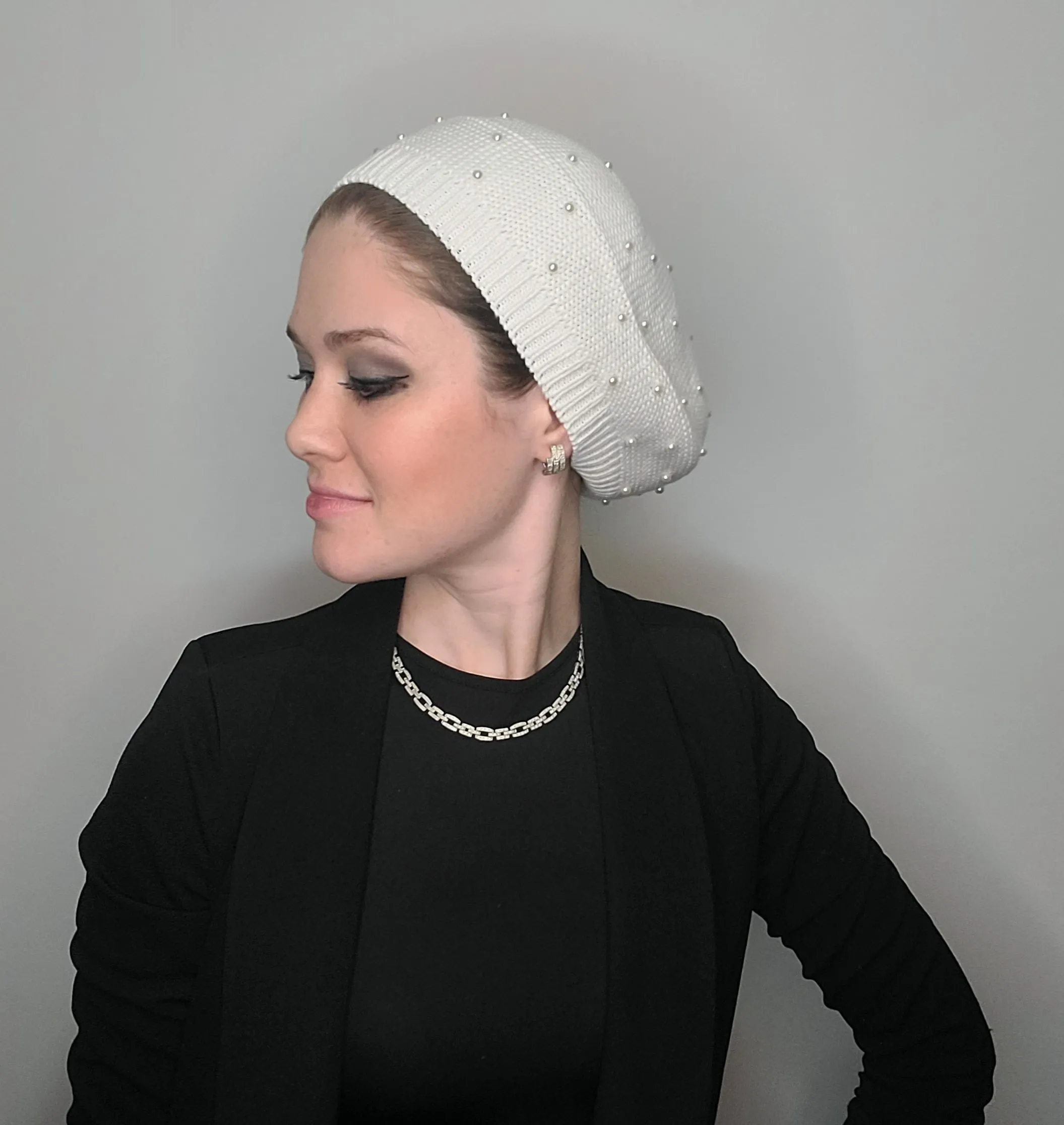 Large Size Cotton Beret with Pearls