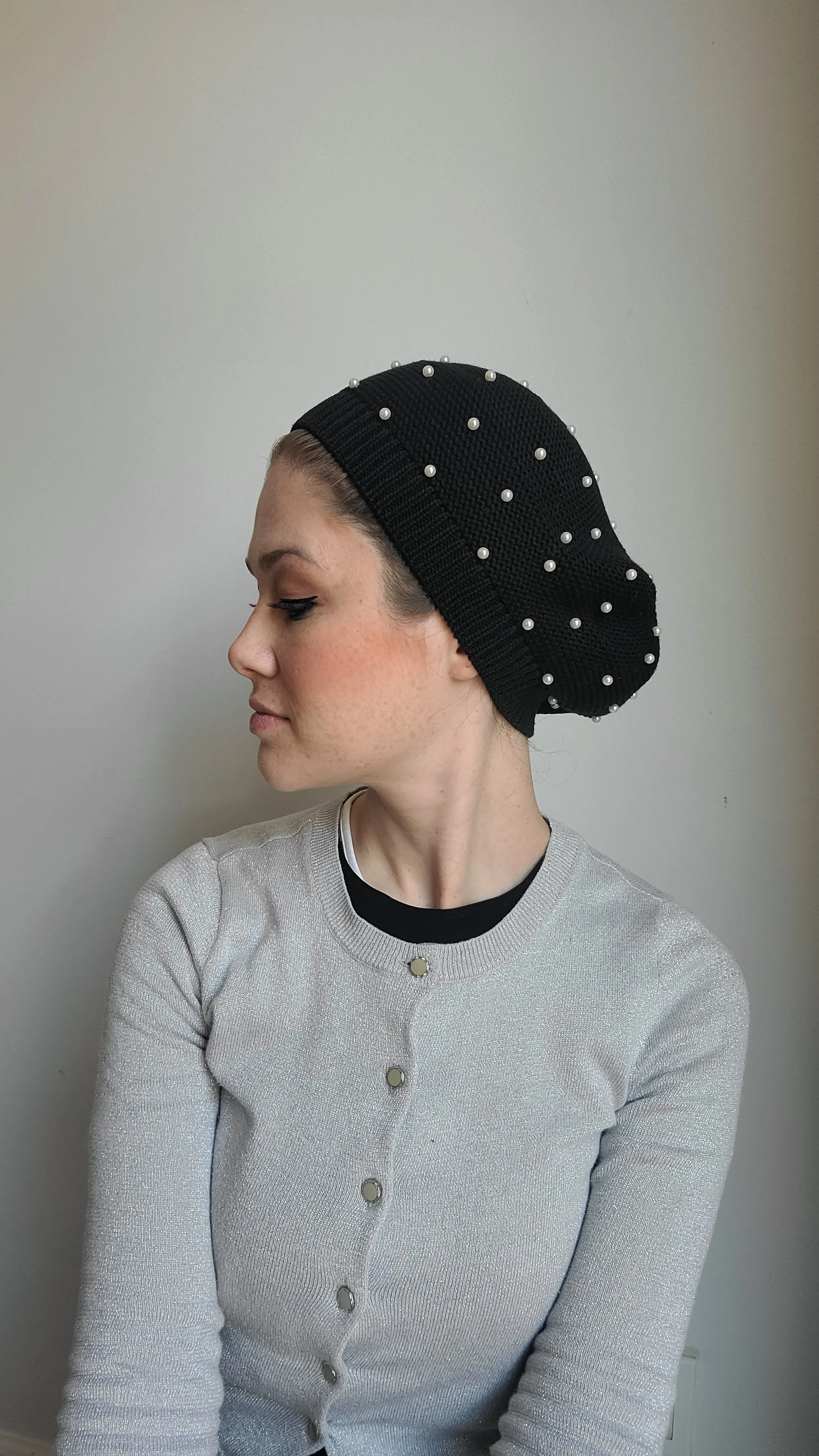 Large Size Cotton Beret with Pearls