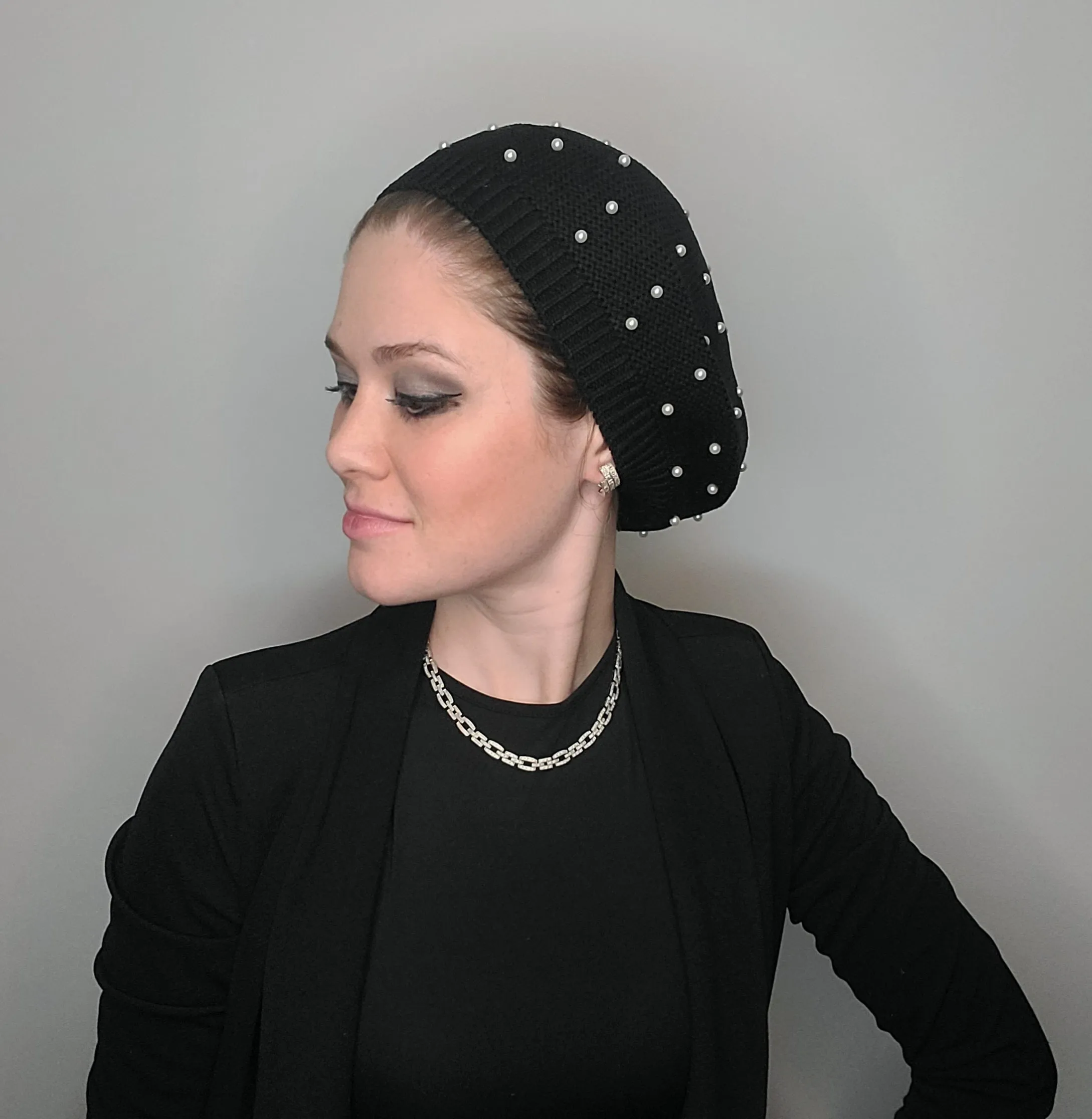 Large Size Cotton Beret with Pearls