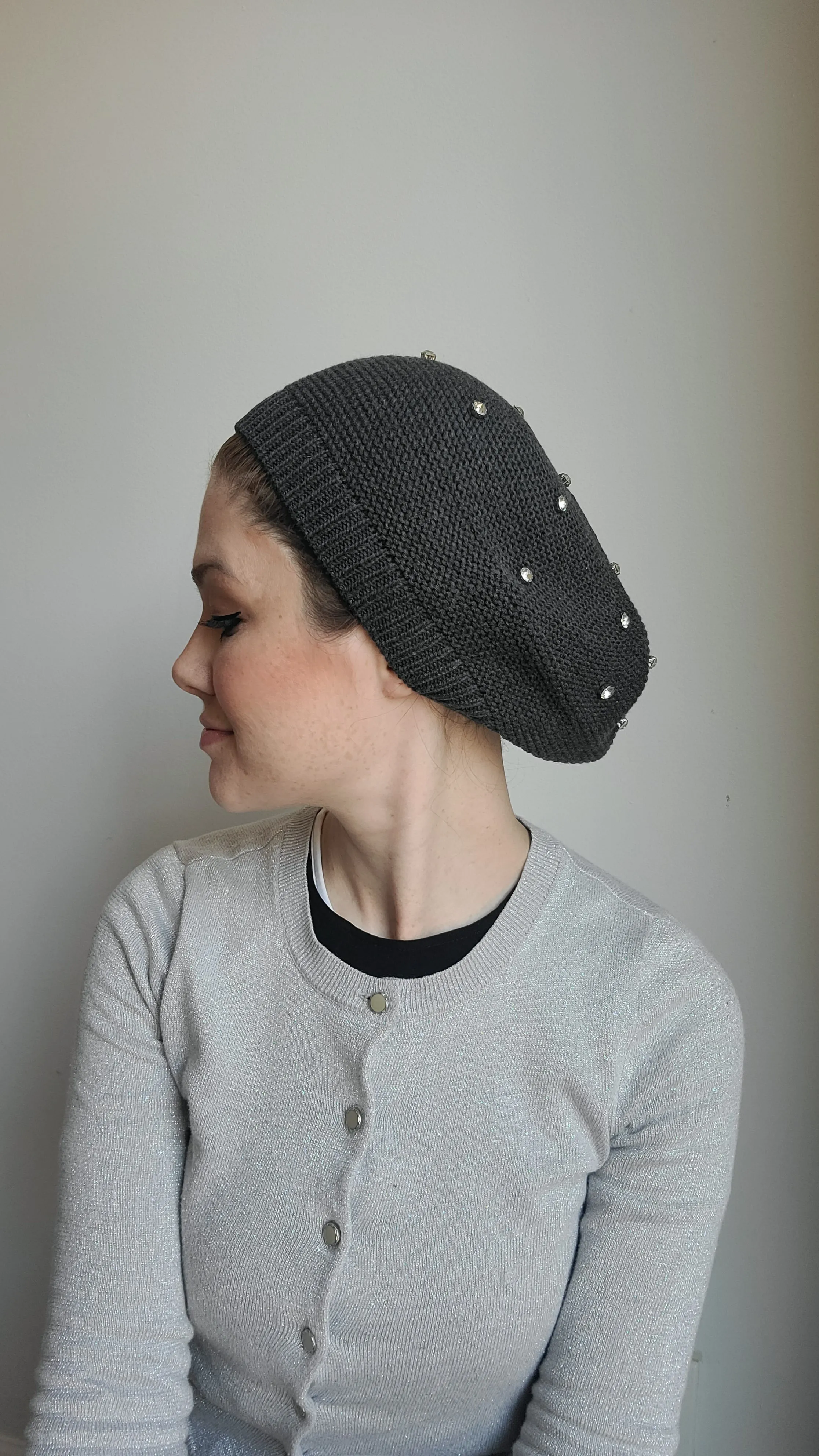 Large Size Cotton Beret with Pearls