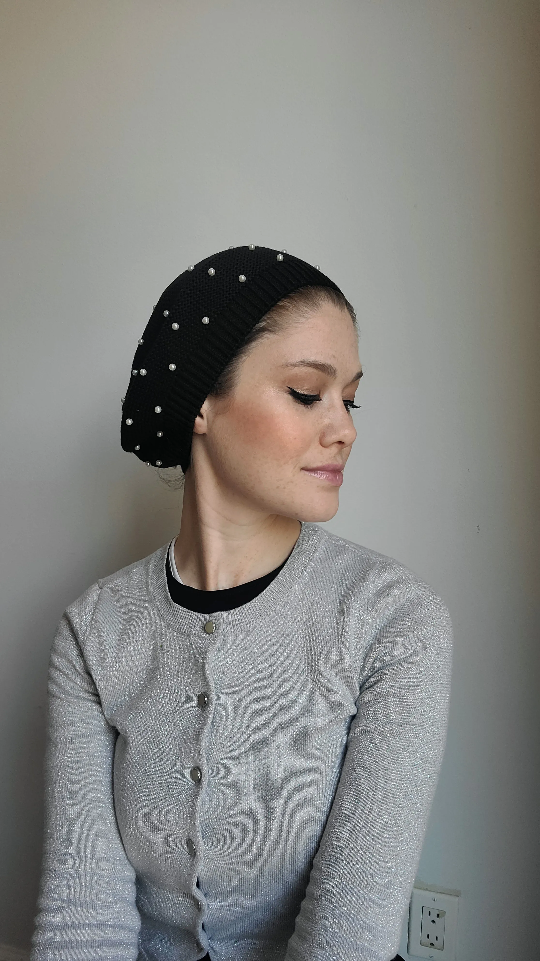 Large Size Cotton Beret with Pearls