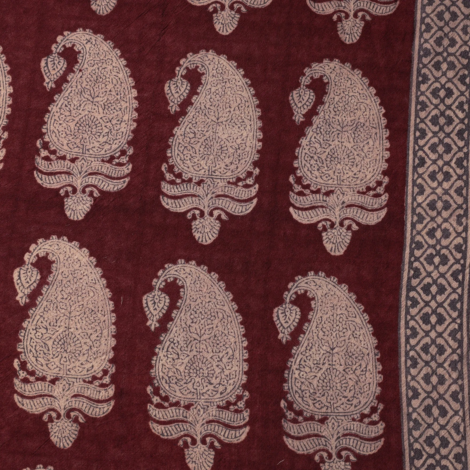 Maroon - Bagh Block Printed Pure Merino Wool Handloom Fabric