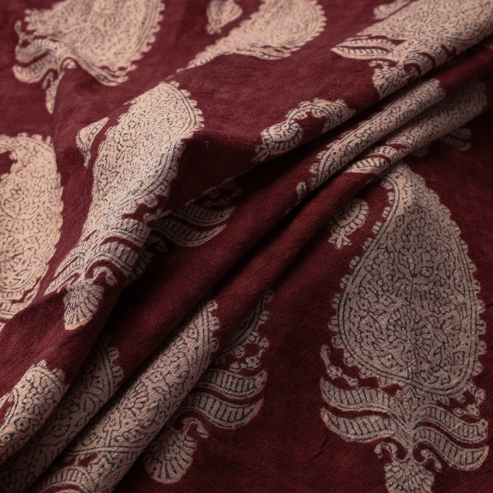 Maroon - Bagh Block Printed Pure Merino Wool Handloom Fabric