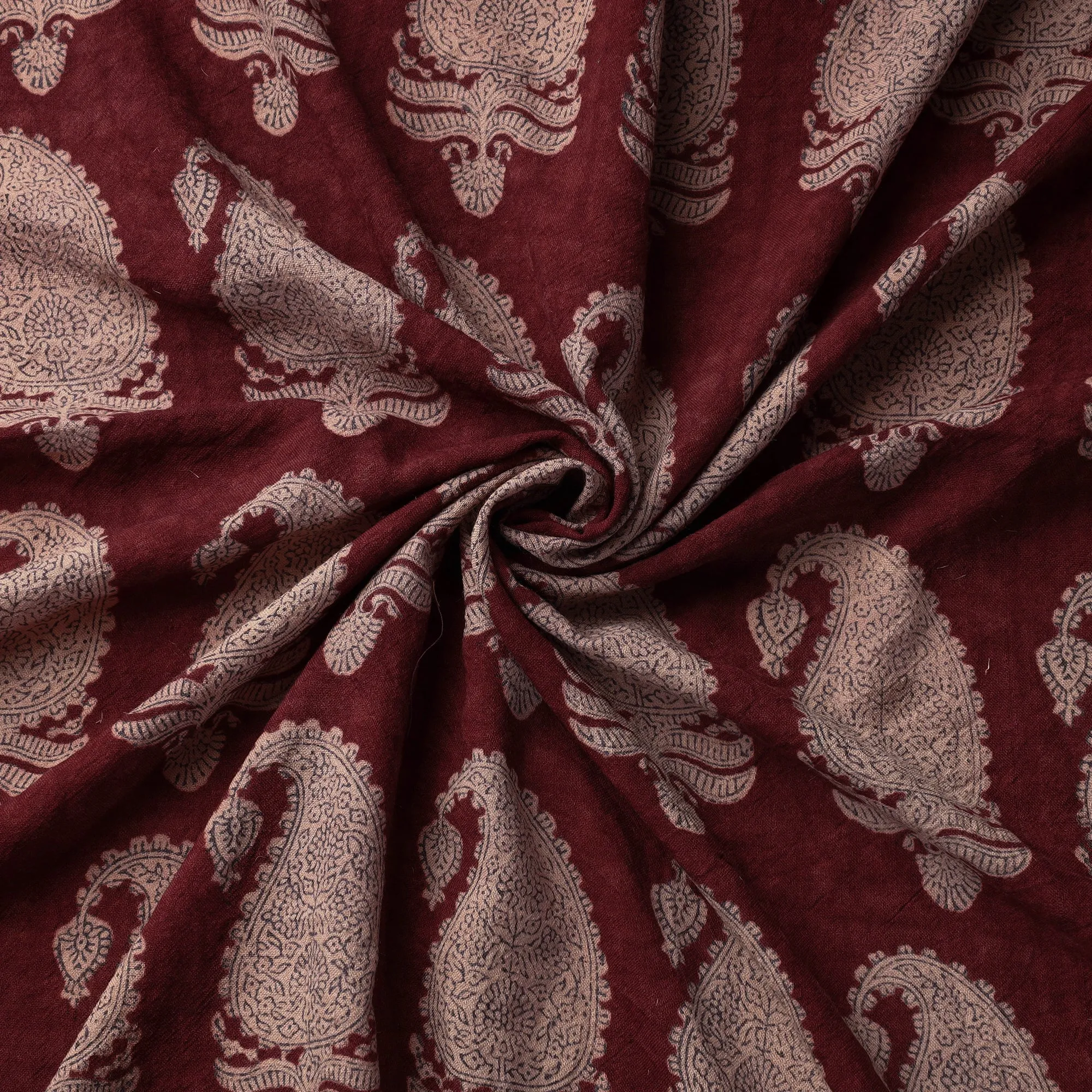 Maroon - Bagh Block Printed Pure Merino Wool Handloom Fabric