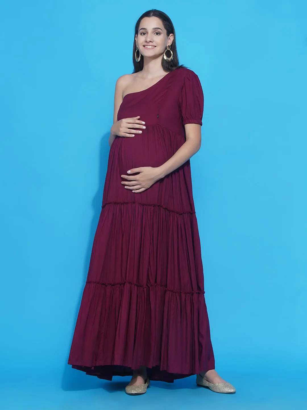 Maternity Solid Wine Color Maxi Baby Shower Dress