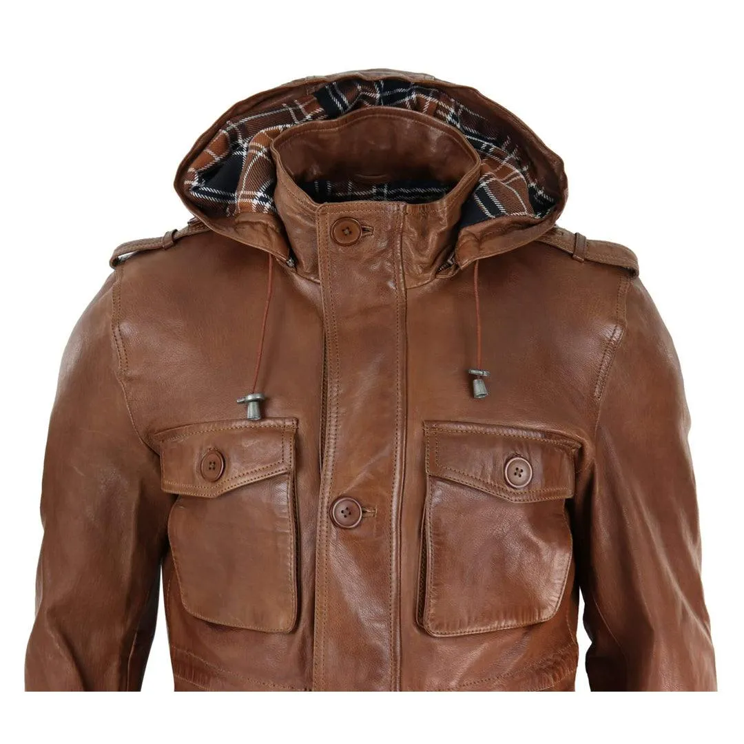 Mens 3/4 Long Real Leather Duffle Jacket Coat Safari Detachable Hood Military