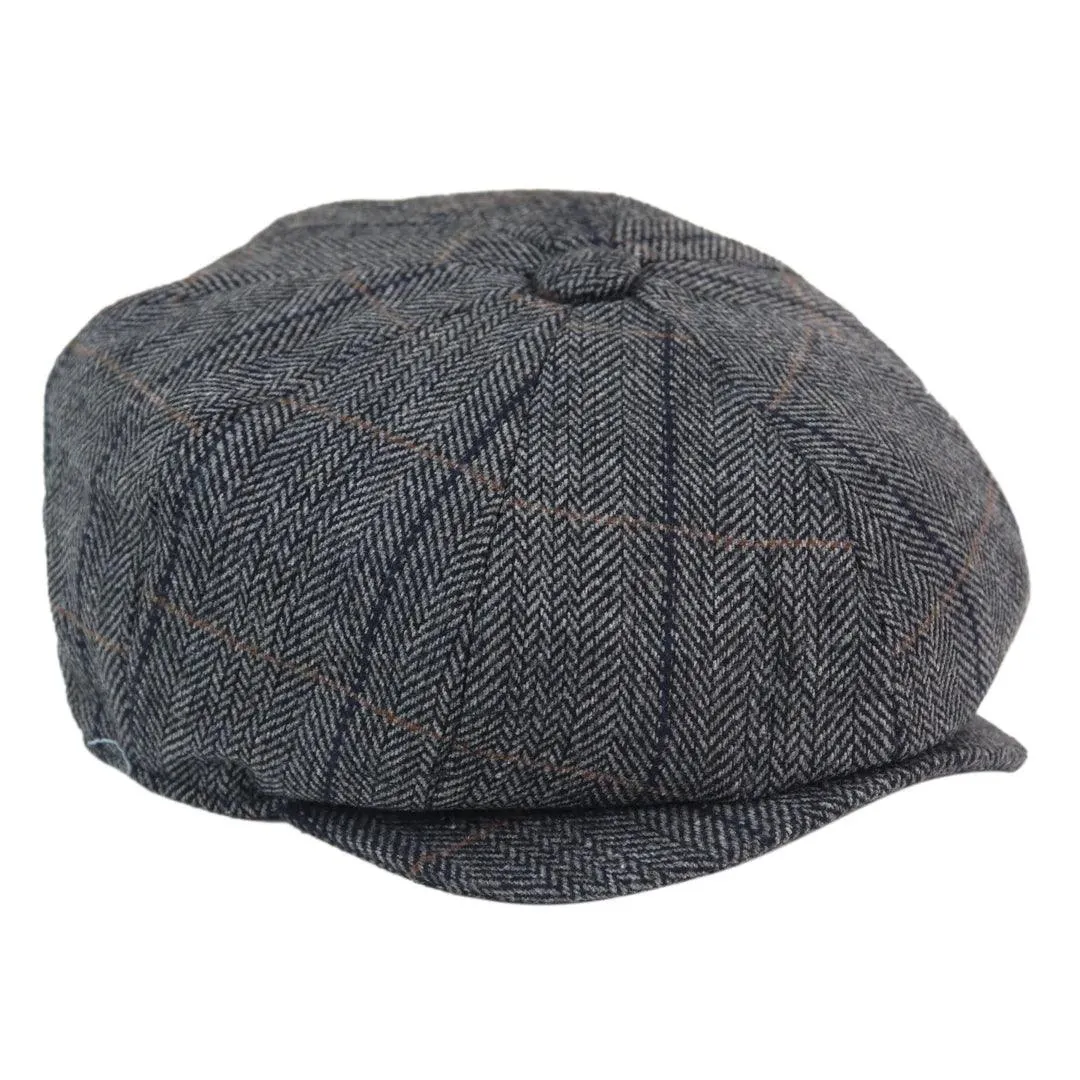 Mens 8 Panel Hat Wool Baker Boy Newsboy Flat Cap Grandad Tweed Check 1920s Peaky