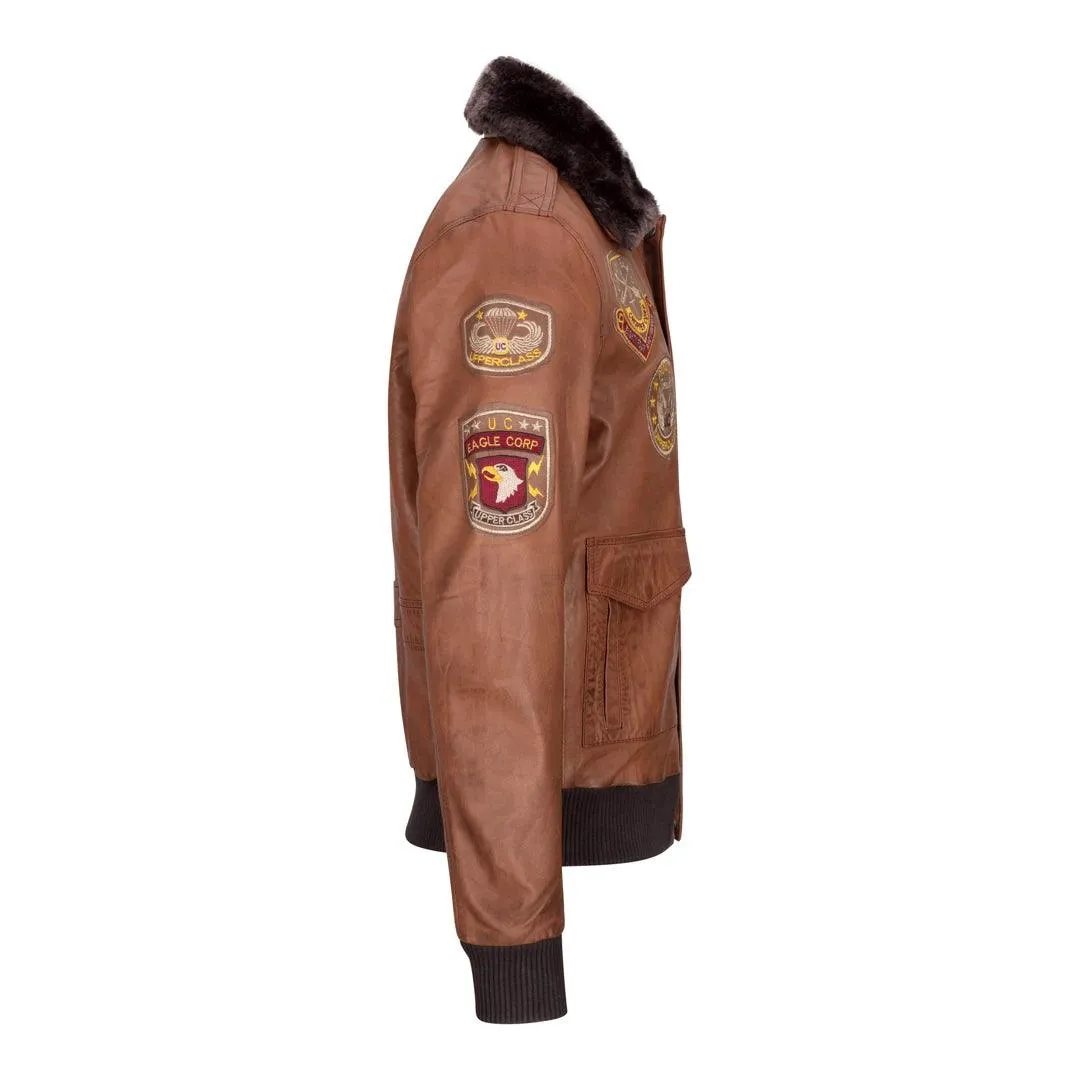 Mens Aviator Flying Pilot Bomber Jacket Vintage Tan Removable Black Fur Collar