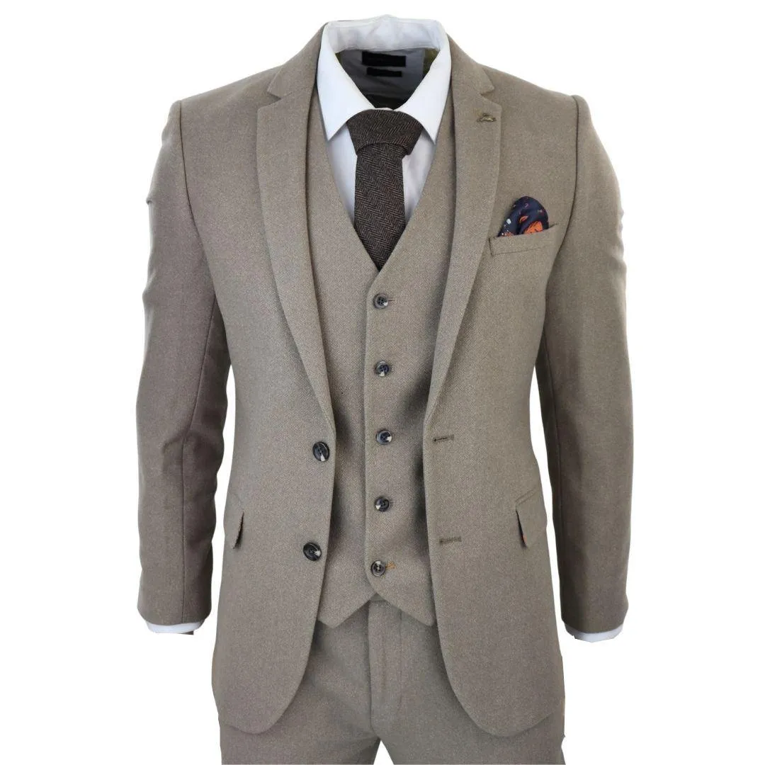 Men's Beige 3 Piece Suit Tweed Wool Herringbone Formal Business Dress Suits