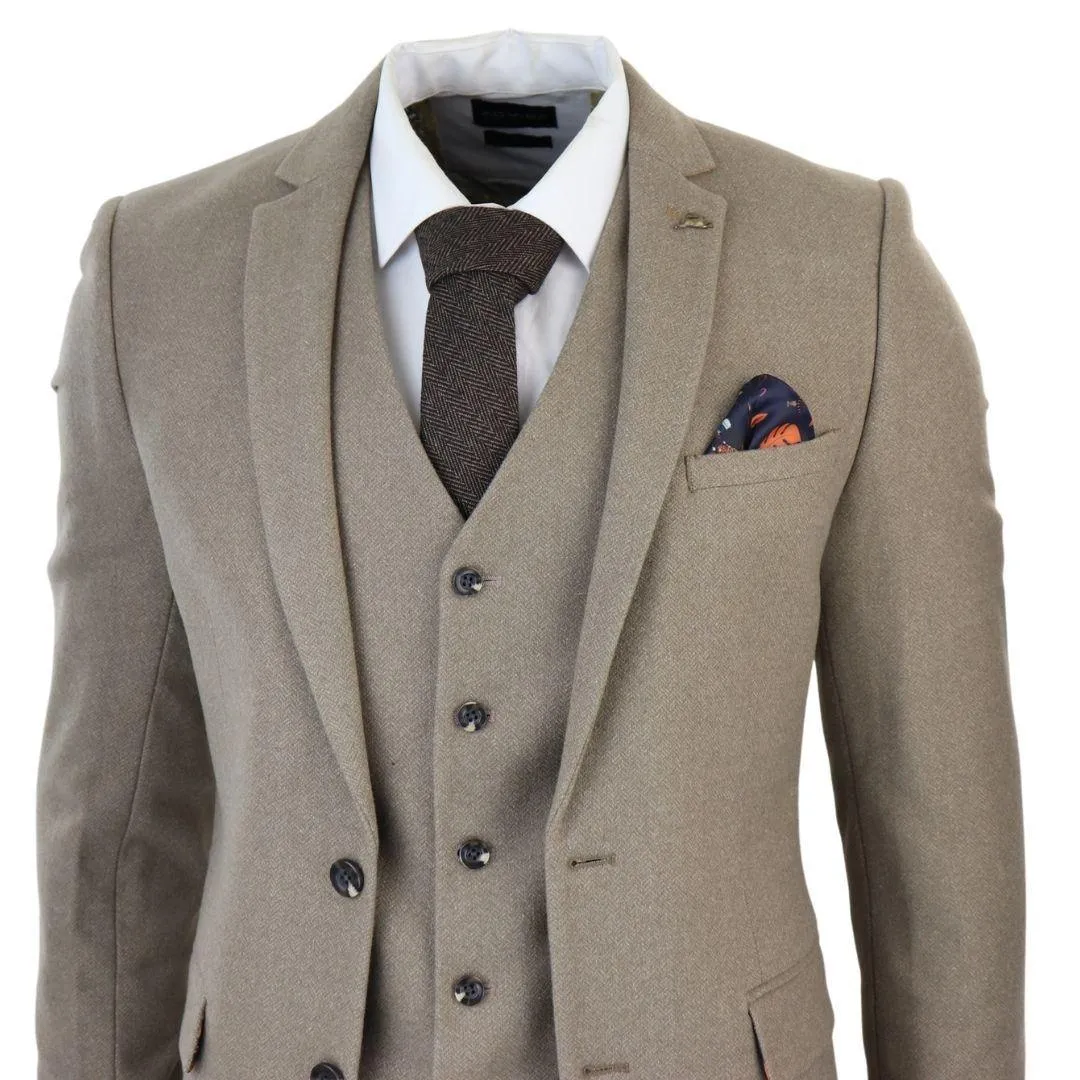 Men's Beige 3 Piece Suit Tweed Wool Herringbone Formal Business Dress Suits