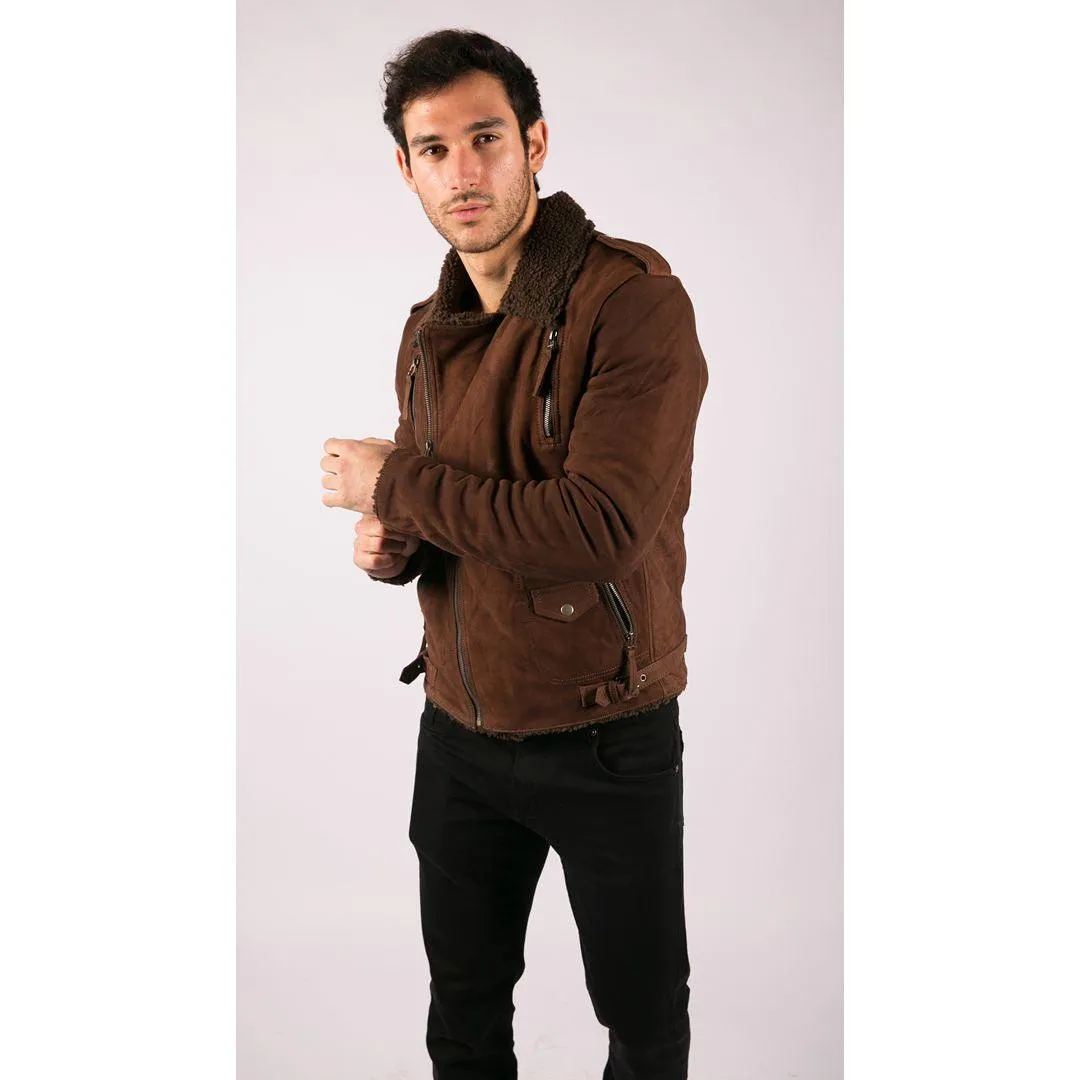 Mens Black Brown Cross Zip Real Leather Biker Jacket Fleece Lined Fitted Smart Casual