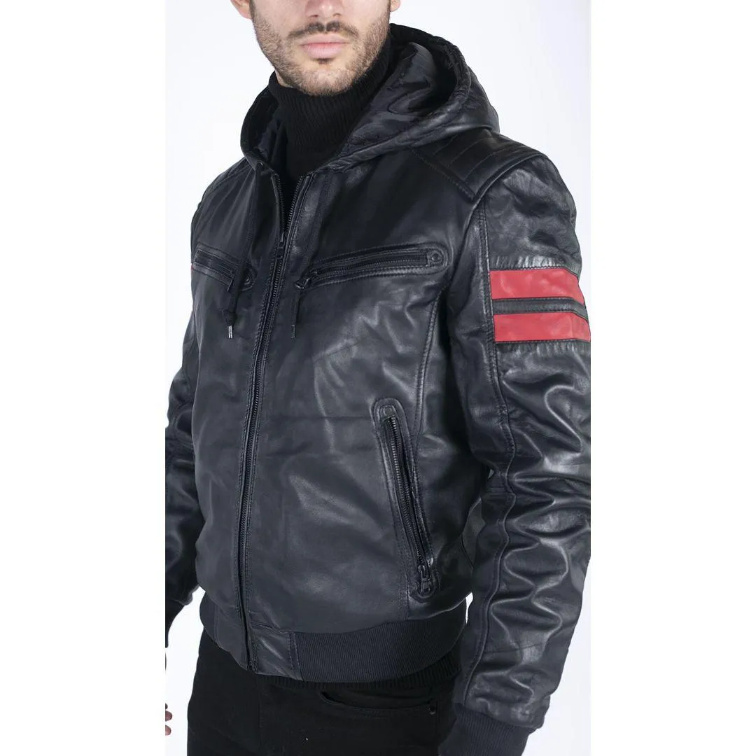 Mens Blue Black Hood Real Leather Bomber Jacket Red Stripes Quilted Slim Fit Casual