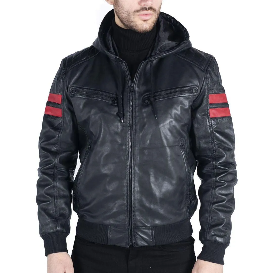 Mens Blue Black Hood Real Leather Bomber Jacket Red Stripes Quilted Slim Fit Casual