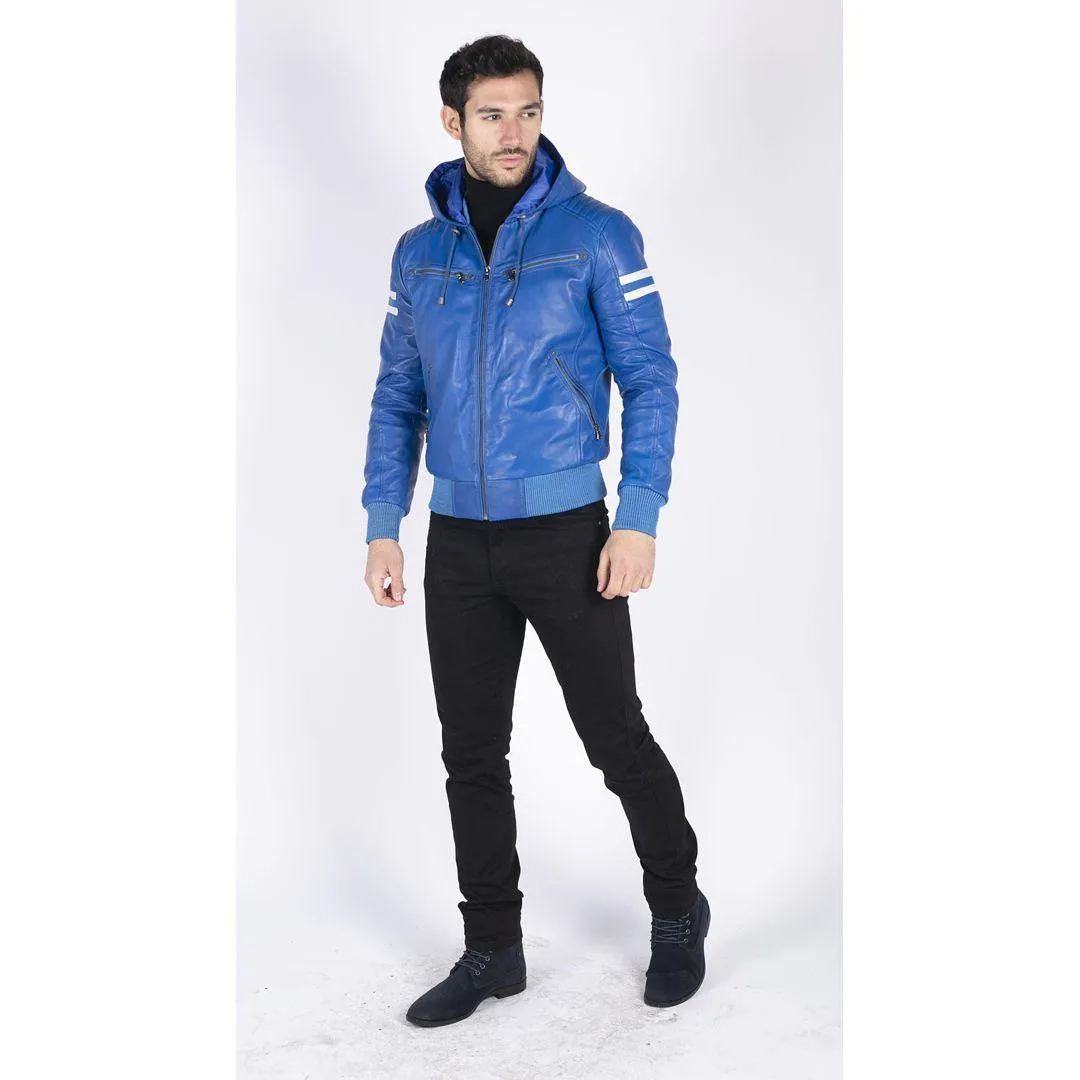 Mens Blue Black Hood Real Leather Bomber Jacket Red Stripes Quilted Slim Fit Casual