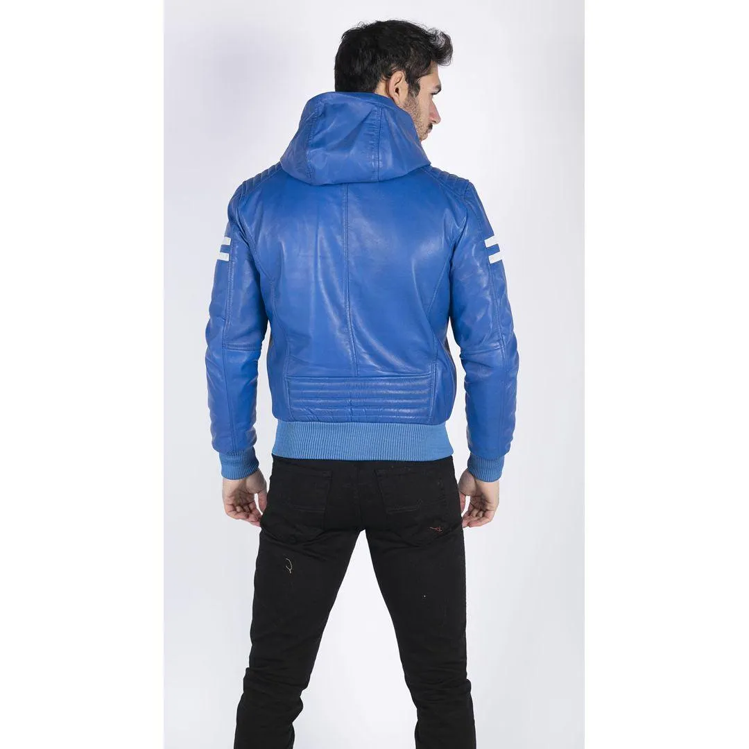 Mens Blue Black Hood Real Leather Bomber Jacket Red Stripes Quilted Slim Fit Casual