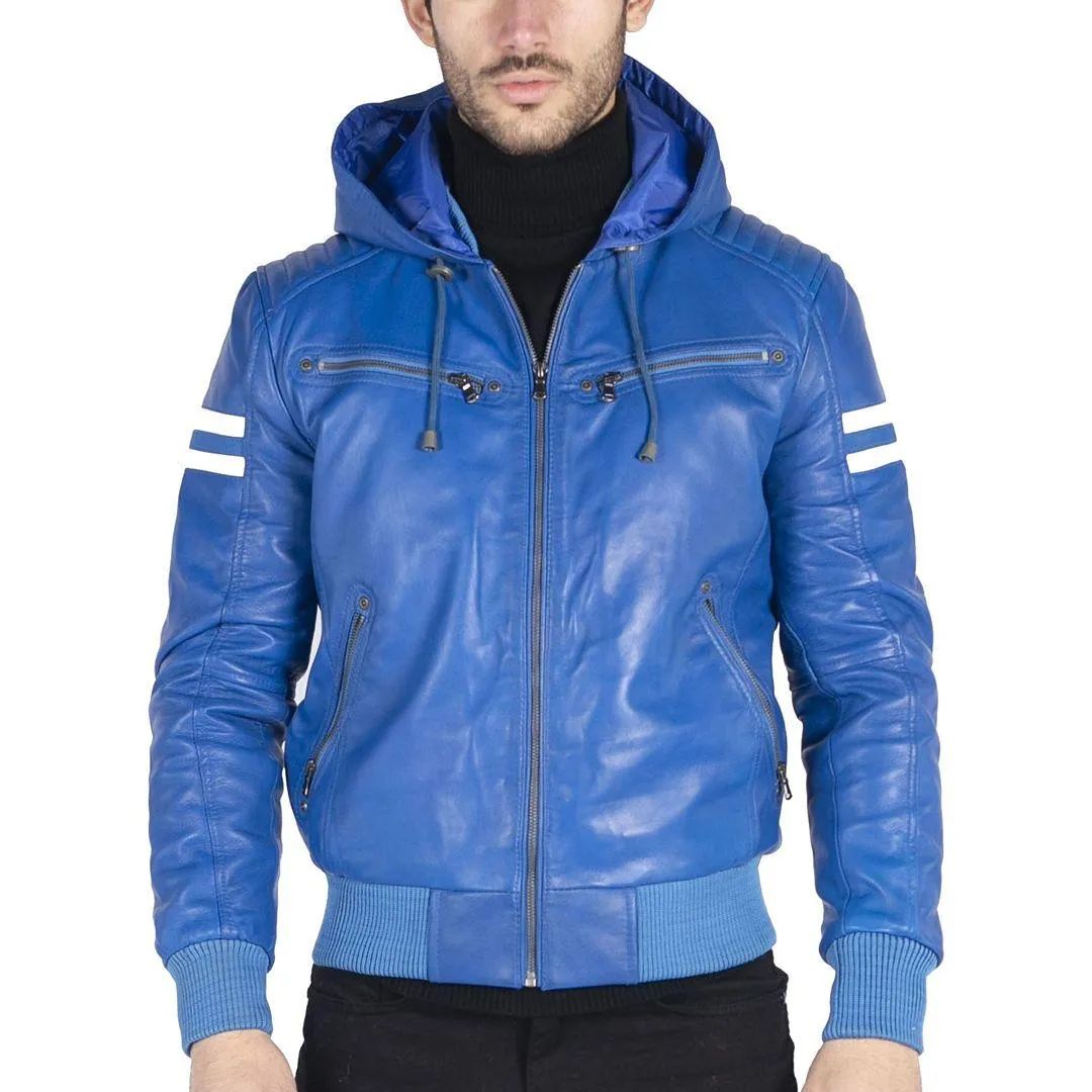 Mens Blue Black Hood Real Leather Bomber Jacket Red Stripes Quilted Slim Fit Casual