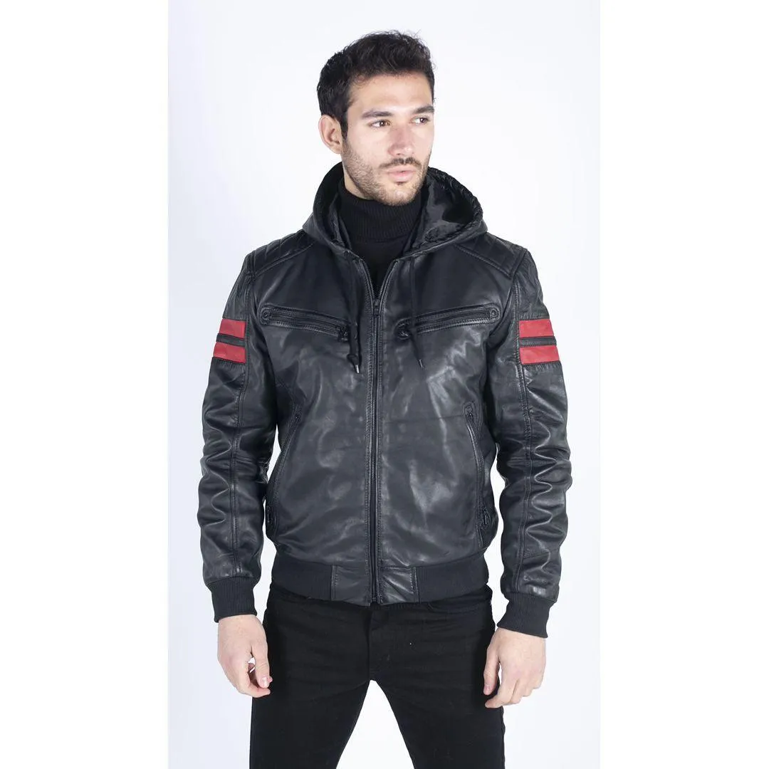 Mens Blue Black Hood Real Leather Bomber Jacket Red Stripes Quilted Slim Fit Casual