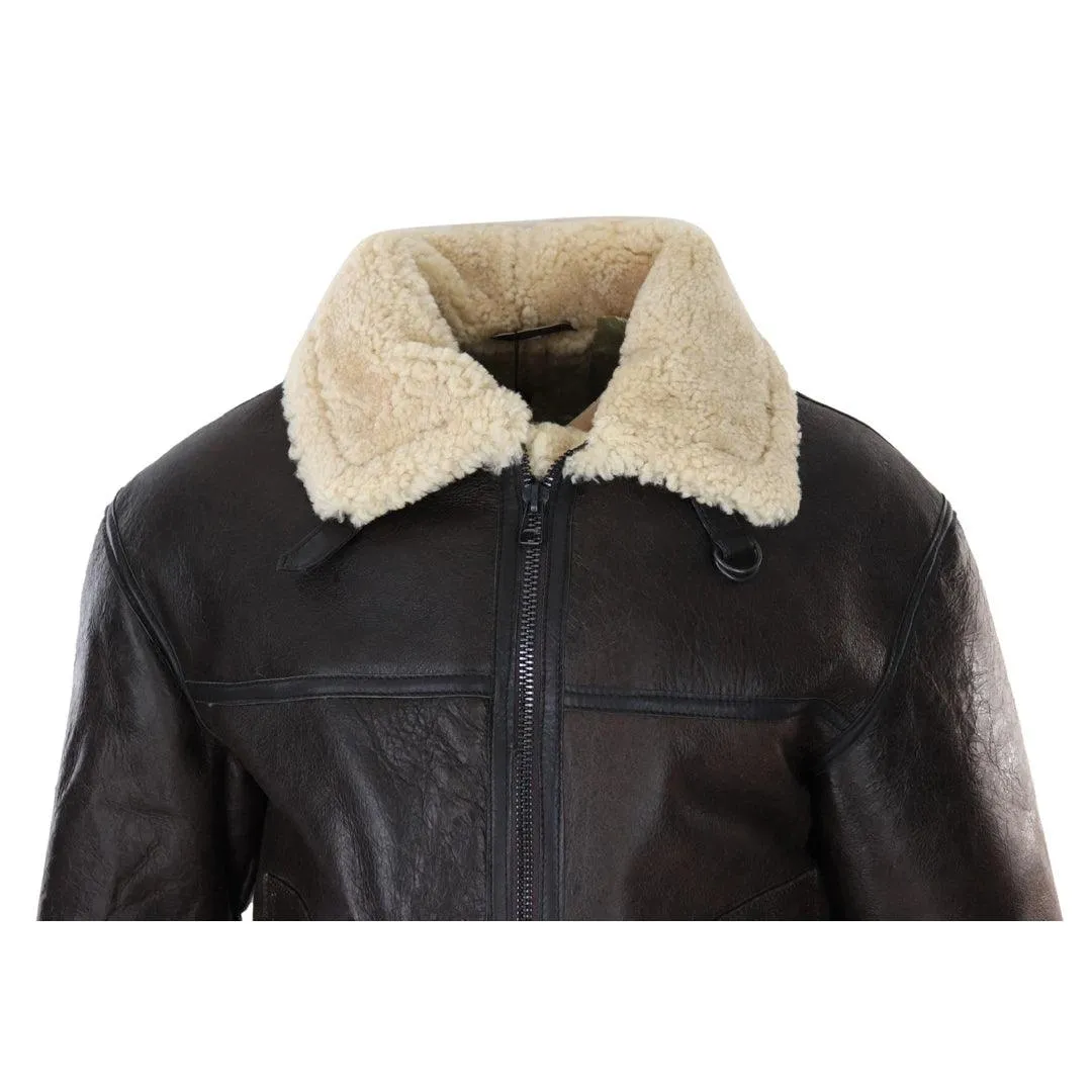 Mens Brown Real Sheepskin Flying Jacket Zipped Cream Fur Classic WW2 Pilot Military