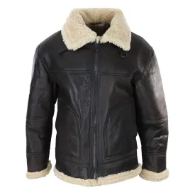 Mens Brown Real Sheepskin Flying Jacket Zipped Cream Fur Classic WW2 Pilot Military