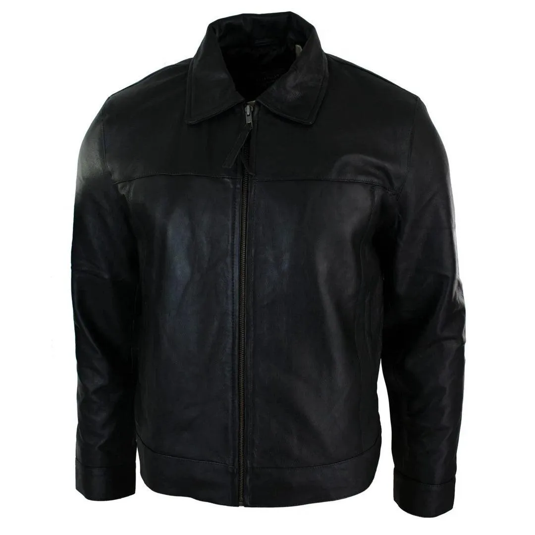 Mens Classic Zipped Real Leather Jacket Retro Black