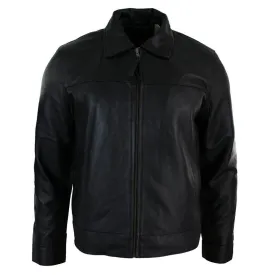 Mens Classic Zipped Real Leather Jacket Retro Black