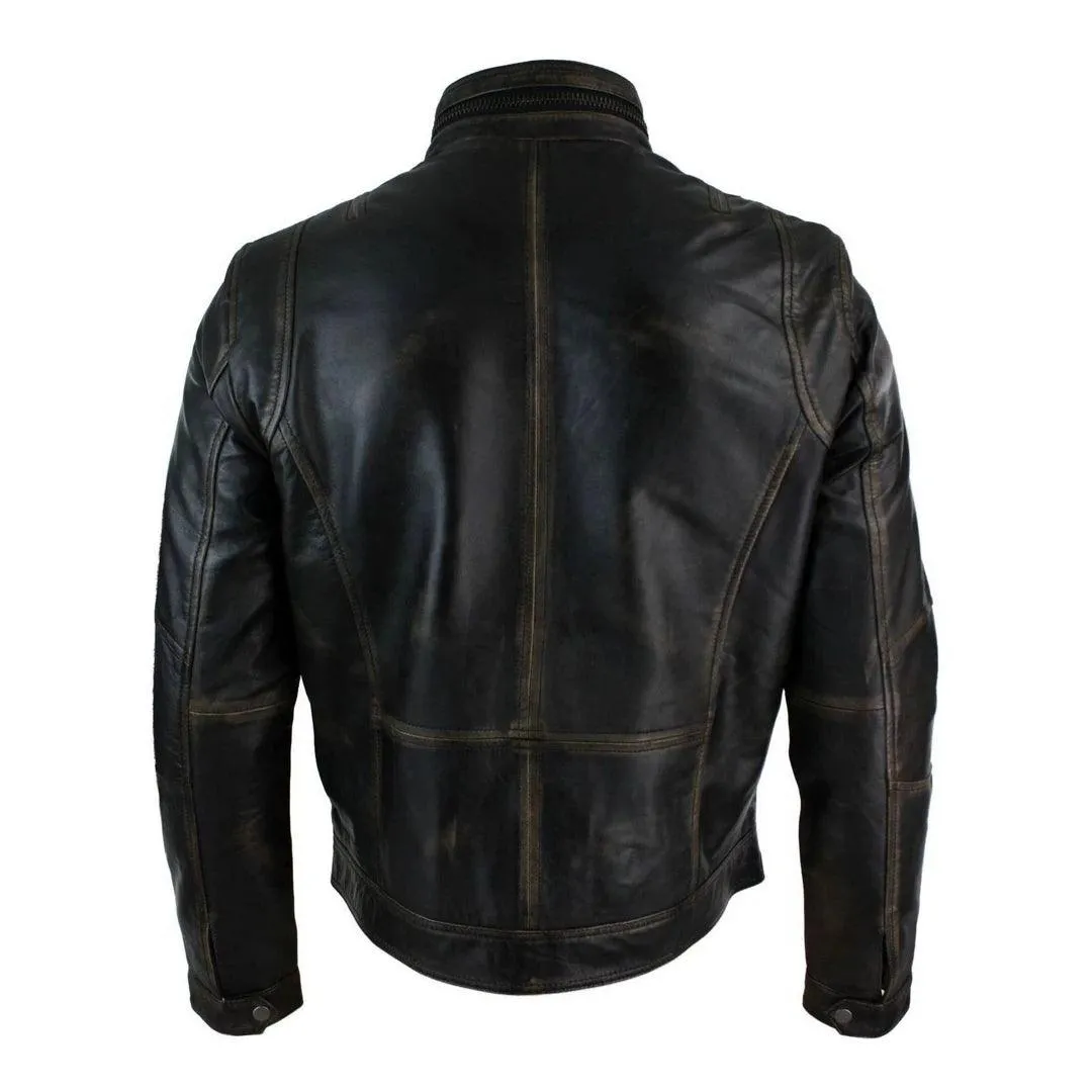 Mens Distressed Ruboff Black Brown Vintage Retro Military Leather Jacket Casual