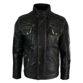 Mens Distressed Ruboff Black Brown Vintage Retro Military Leather Jacket Casual