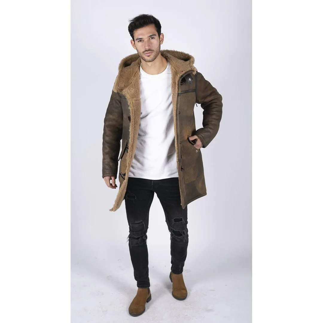 Mens Duffle 3/4 Coat Real Sheepskin Leather Jacket Toggle Classic Retro Brown