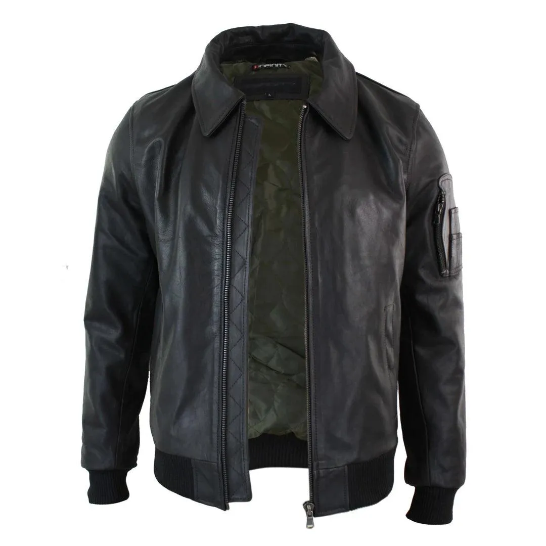 Mens Genuine Real Leather Harrington Bomber MA1 Classic Pilot MOD Jacket