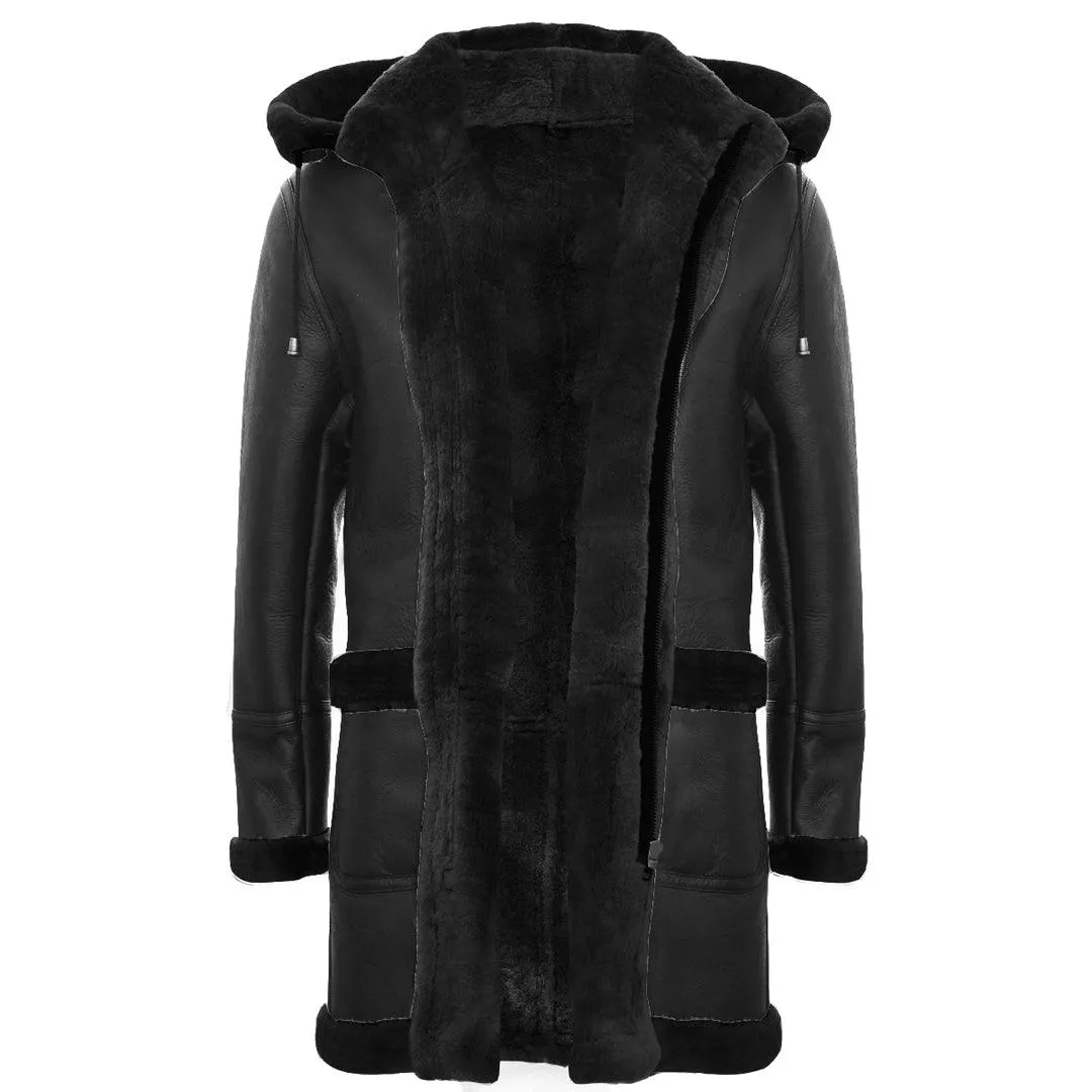 Mens Genuine Shearling Sheepskin Duffle Coat WW2 UK Winter 3/4 Leather Hood