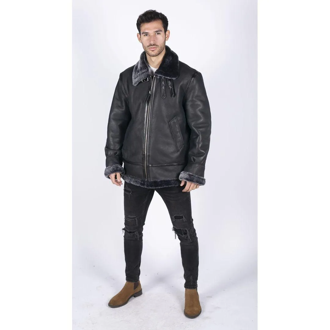 Mens Genuine Sheepskin Leather B3 Flying Aviator Jacket Black Grey Fur