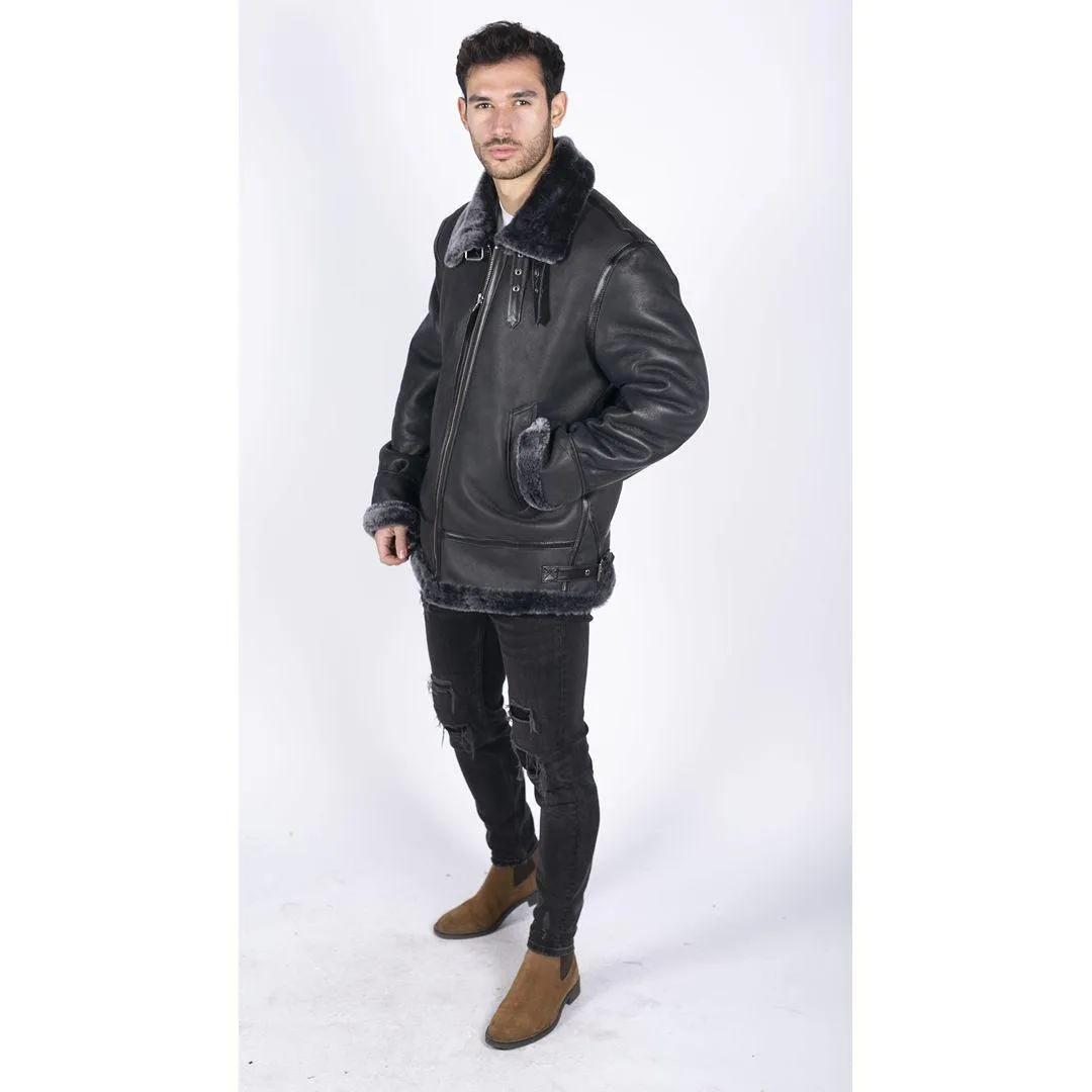 Mens Genuine Sheepskin Leather B3 Flying Aviator Jacket Black Grey Fur