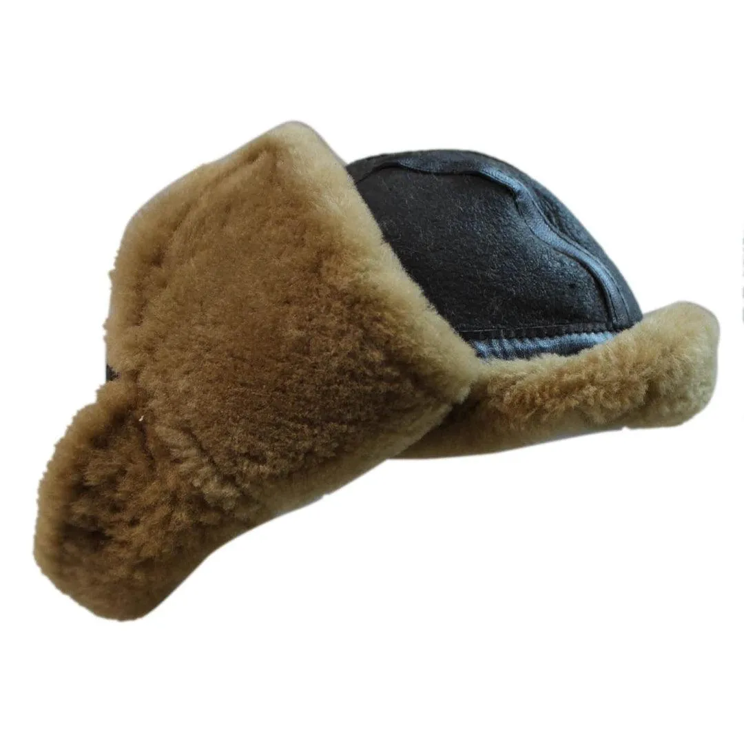 Mens Genuine Sheepskin Pilot Aviator Trapper Hat Brown Ginger Beige Flying