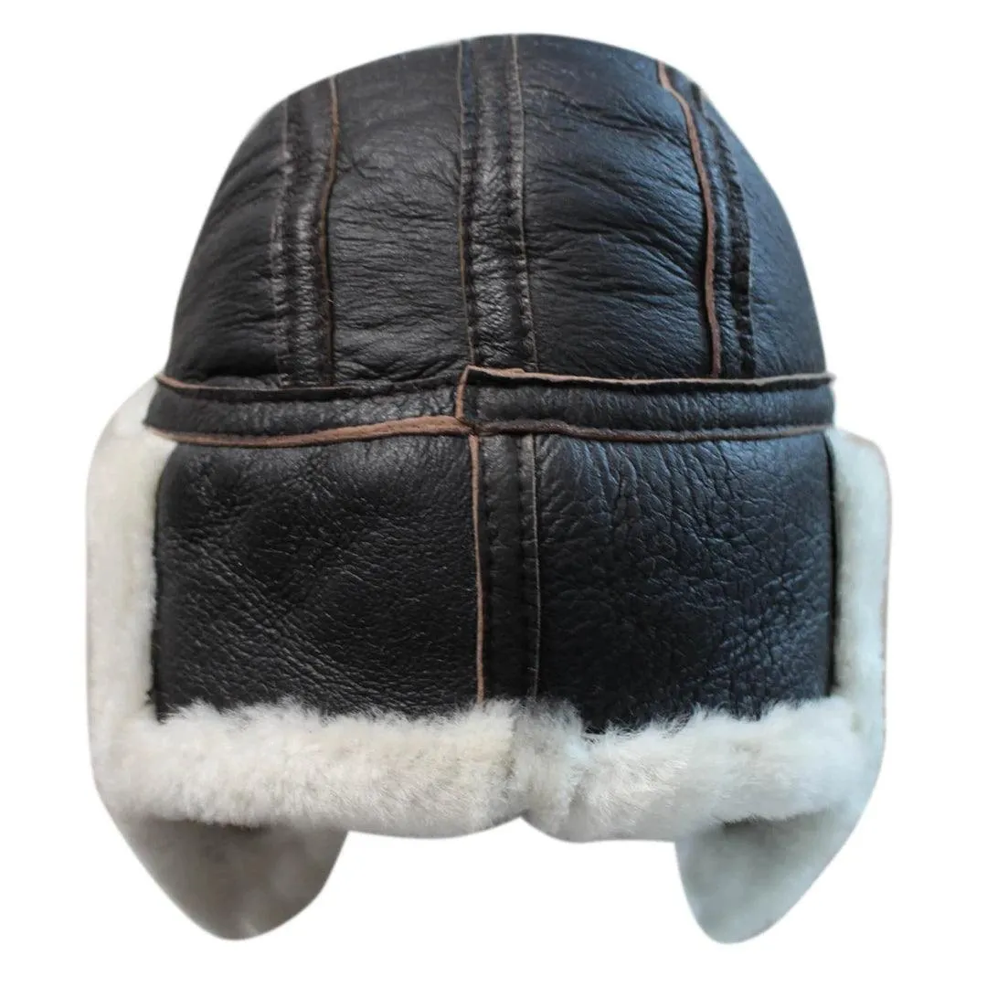 Mens Genuine Sheepskin Pilot Aviator Trapper Hat Brown Ginger Beige Flying