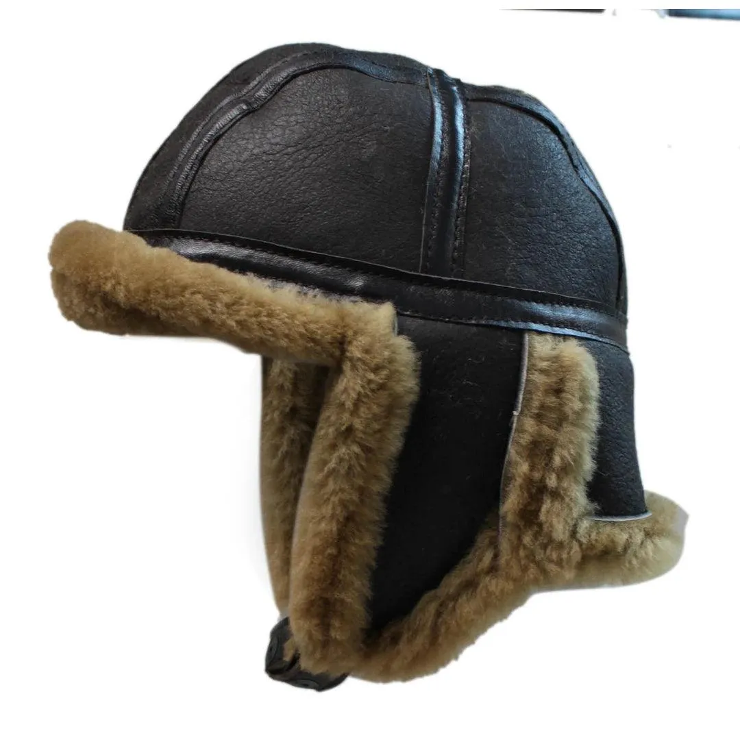 Mens Genuine Sheepskin Pilot Aviator Trapper Hat Brown Ginger Beige Flying