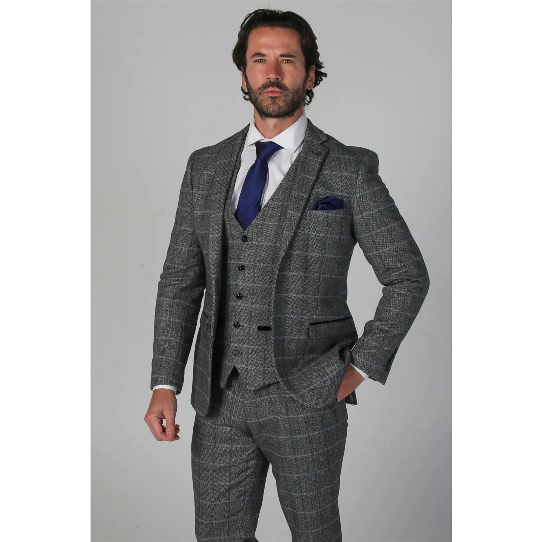 Men's Grey Suit Tweed Herringbone 3 Piece Wool Blend Formal Dress Suits