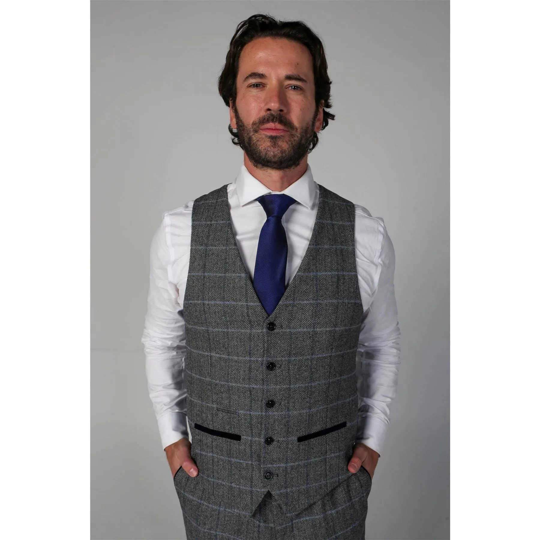 Men's Grey Suit Tweed Herringbone 3 Piece Wool Blend Formal Dress Suits