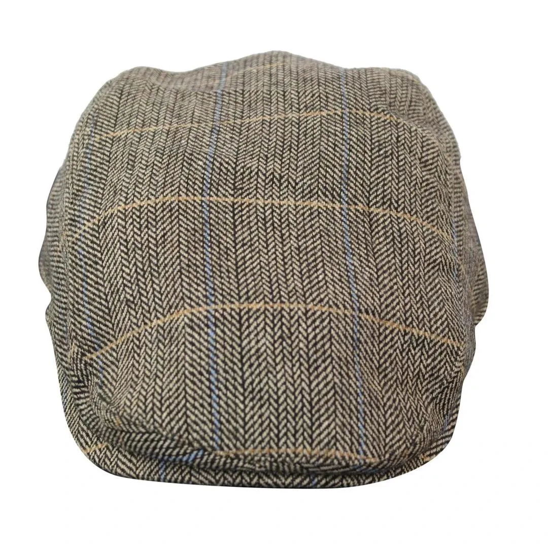 Mens Herringbone Tweed Wool Check Grandad Flat Caps Hats Vintage Green Grey Blue Brown