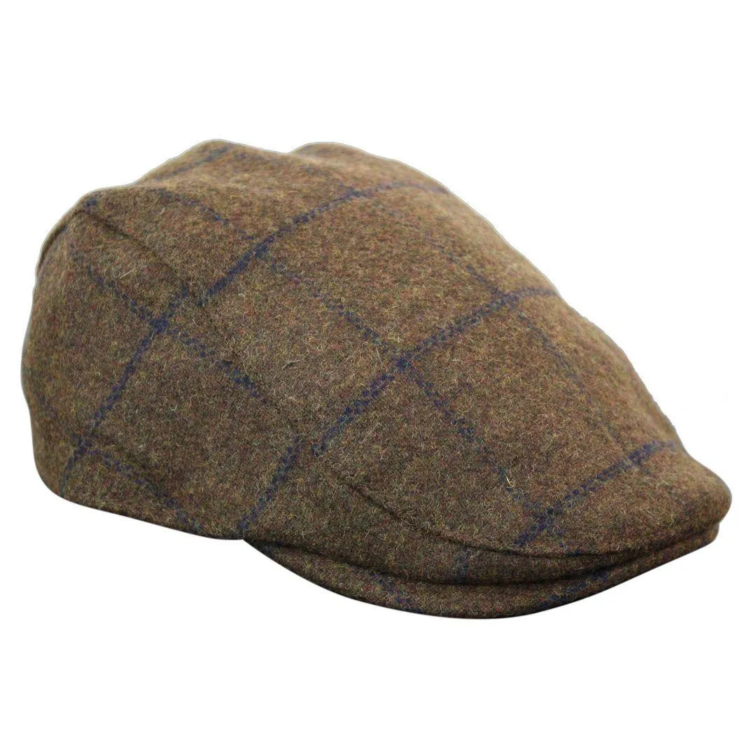 Mens Herringbone Tweed Wool Check Grandad Flat Caps Hats Vintage Green Grey Blue Brown